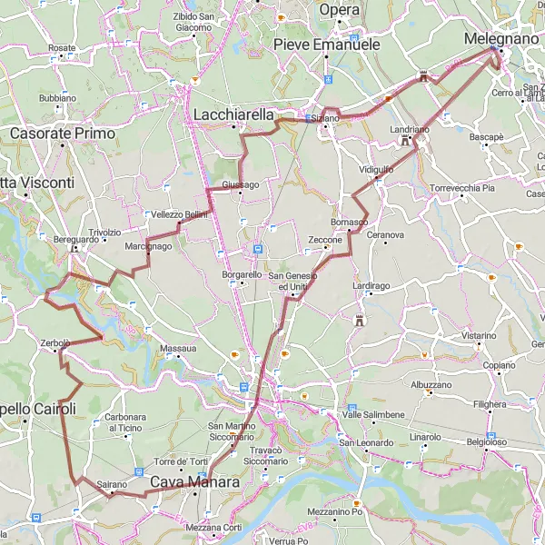 Miniatura della mappa di ispirazione al ciclismo "Gravel tra i Campi di Riso" nella regione di Lombardia, Italy. Generata da Tarmacs.app, pianificatore di rotte ciclistiche