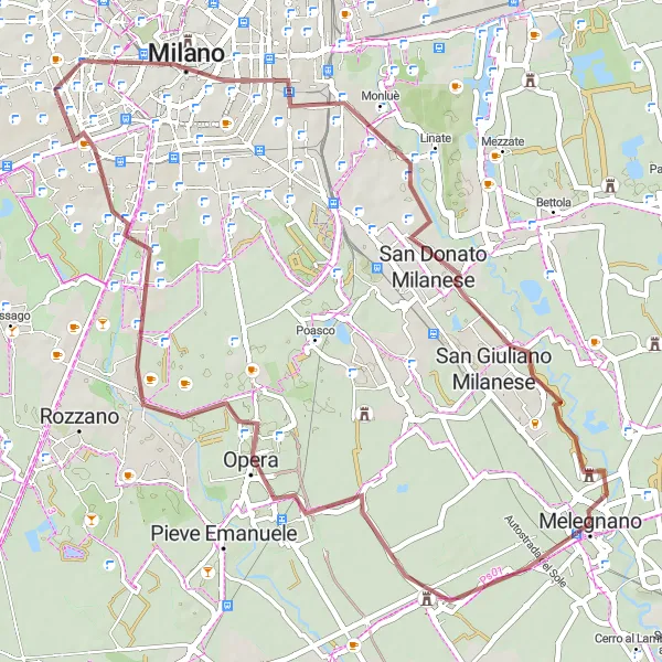 Miniatura della mappa di ispirazione al ciclismo "Tour in bicicletta gravel da Carpiano a San Giuliano Milanese" nella regione di Lombardia, Italy. Generata da Tarmacs.app, pianificatore di rotte ciclistiche