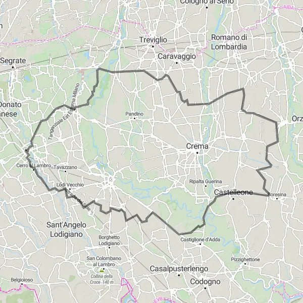 Miniatua del mapa de inspiración ciclista "Ruta larga de 142 km por carretera cerca de Melegnano" en Lombardia, Italy. Generado por Tarmacs.app planificador de rutas ciclistas