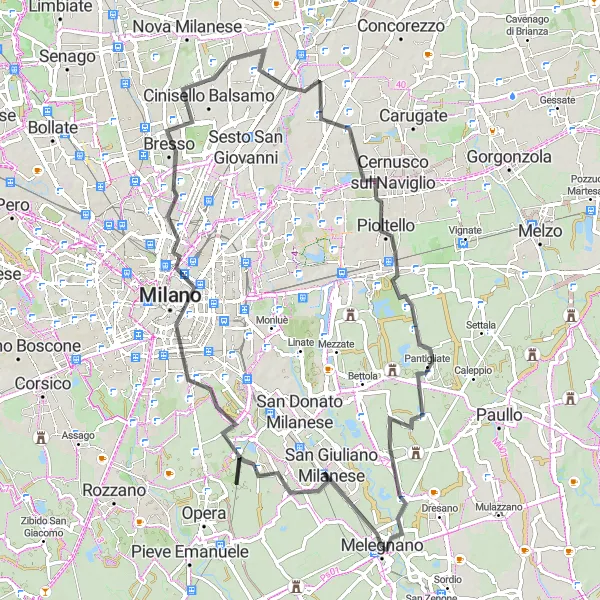 Miniaturní mapa "Zážitkový okruh kolem Melegnano" inspirace pro cyklisty v oblasti Lombardia, Italy. Vytvořeno pomocí plánovače tras Tarmacs.app