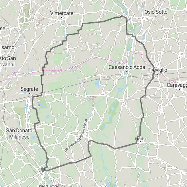 Mapa miniatúra "Trasa okolo Melegnana a Trezzo sull'Adda" cyklistická inšpirácia v Lombardia, Italy. Vygenerované cyklistickým plánovačom trás Tarmacs.app