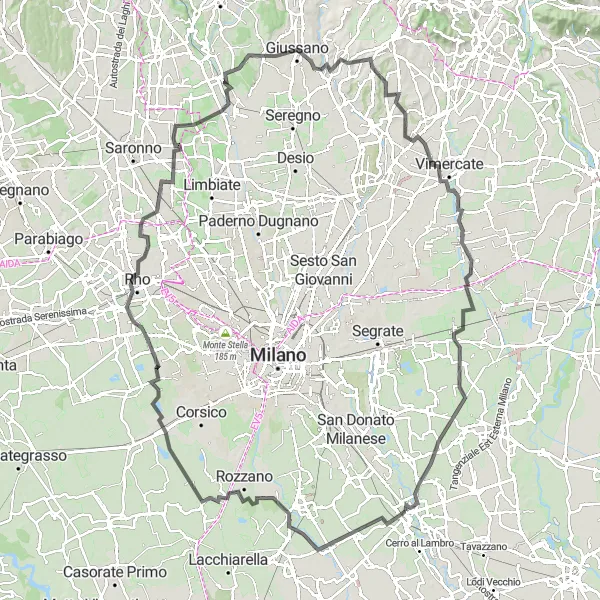 Miniatua del mapa de inspiración ciclista "Ruta por carretera de 135 km cerca de Melegnano" en Lombardia, Italy. Generado por Tarmacs.app planificador de rutas ciclistas