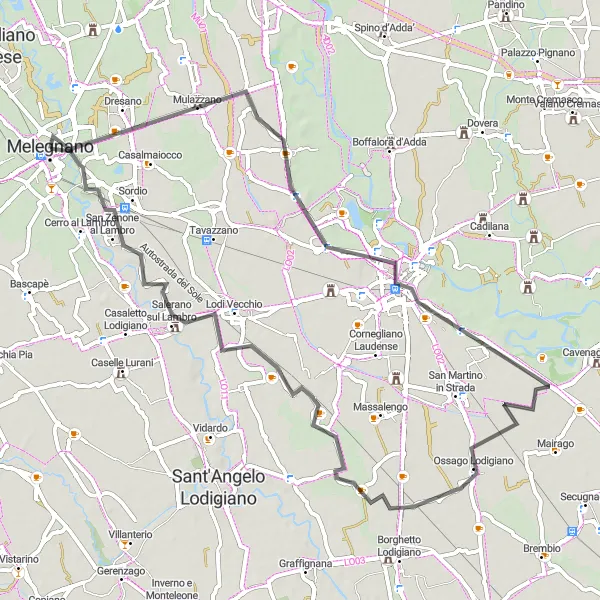 Mapa miniatúra "Cyklistická trasa cez Lodi a Melegnano" cyklistická inšpirácia v Lombardia, Italy. Vygenerované cyklistickým plánovačom trás Tarmacs.app