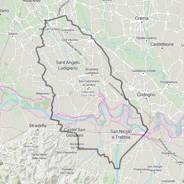 Miniatura della mappa di ispirazione al ciclismo "Avventura in bicicletta da Lodi a Piacenza" nella regione di Lombardia, Italy. Generata da Tarmacs.app, pianificatore di rotte ciclistiche