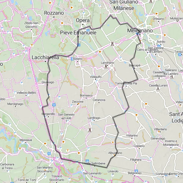 Miniatua del mapa de inspiración ciclista "Ruta de ciclismo de ida y vuelta desde Melegnano a través de Marzano, Pavia, Lacchiarella, Pieve Emanuele y Pedriano" en Lombardia, Italy. Generado por Tarmacs.app planificador de rutas ciclistas
