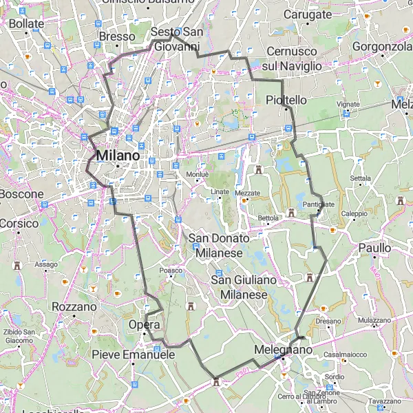 Map miniature of "Melegnano - Branca Tower - Colturano Round Trip" cycling inspiration in Lombardia, Italy. Generated by Tarmacs.app cycling route planner