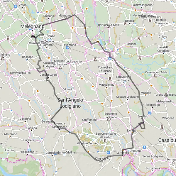 Miniatura della mappa di ispirazione al ciclismo "Ciclabile da Melegnano a Miradolo Terme" nella regione di Lombardia, Italy. Generata da Tarmacs.app, pianificatore di rotte ciclistiche