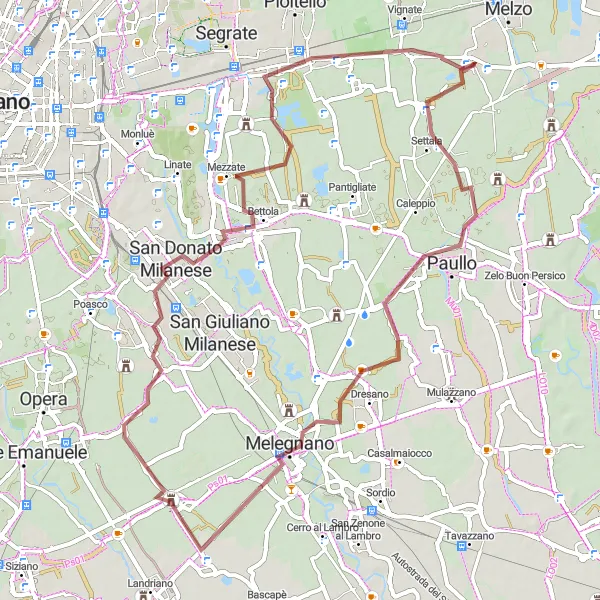 Miniatua del mapa de inspiración ciclista "Ruta de Ciclismo en Grava - Melzo a Mezzate" en Lombardia, Italy. Generado por Tarmacs.app planificador de rutas ciclistas