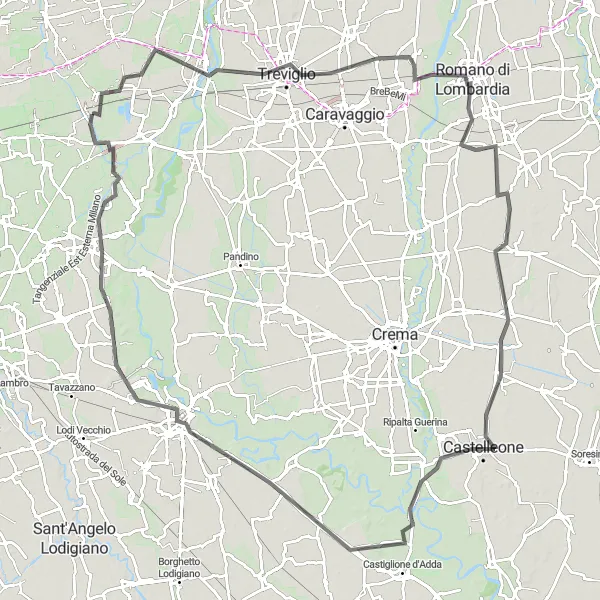 Miniatura mapy "Długa trasa rowerowa do Cassano d'Adda, Romano di Lombardia i Galgagnano" - trasy rowerowej w Lombardia, Italy. Wygenerowane przez planer tras rowerowych Tarmacs.app