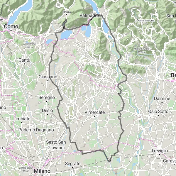 Miniatua del mapa de inspiración ciclista "Ruta de ciclovia a través de Basiano y Monte Scioscia" en Lombardia, Italy. Generado por Tarmacs.app planificador de rutas ciclistas