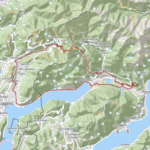 Miniatura della mappa di ispirazione al ciclismo "Gravel Panorama Bellagio" nella regione di Lombardia, Italy. Generata da Tarmacs.app, pianificatore di rotte ciclistiche