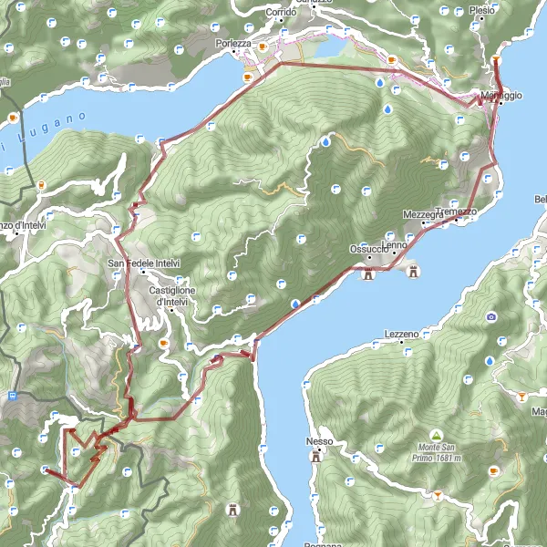 Zemljevid v pomanjšavi "Menaggio - San Fedele Intelvi Gravel Cycling Route" kolesarske inspiracije v Lombardia, Italy. Generirano z načrtovalcem kolesarskih poti Tarmacs.app