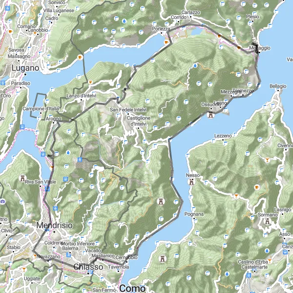 Miniaturní mapa "Okruh kolem Menaggia a Luganského jezera" inspirace pro cyklisty v oblasti Lombardia, Italy. Vytvořeno pomocí plánovače tras Tarmacs.app