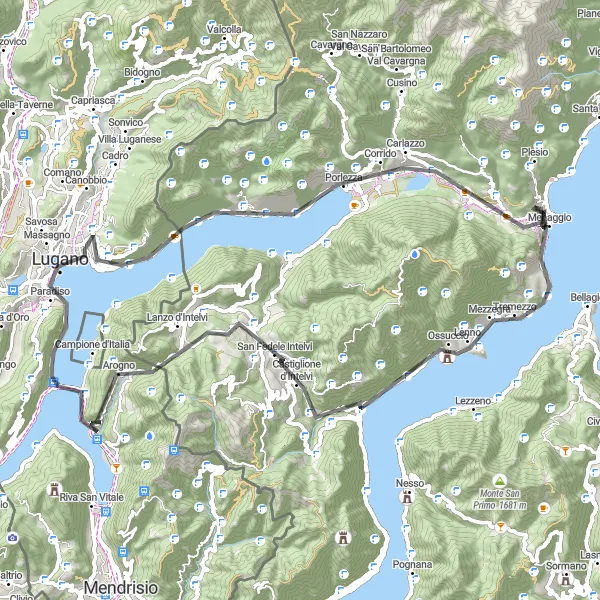 Map miniature of "Lugano Lake Loop" cycling inspiration in Lombardia, Italy. Generated by Tarmacs.app cycling route planner