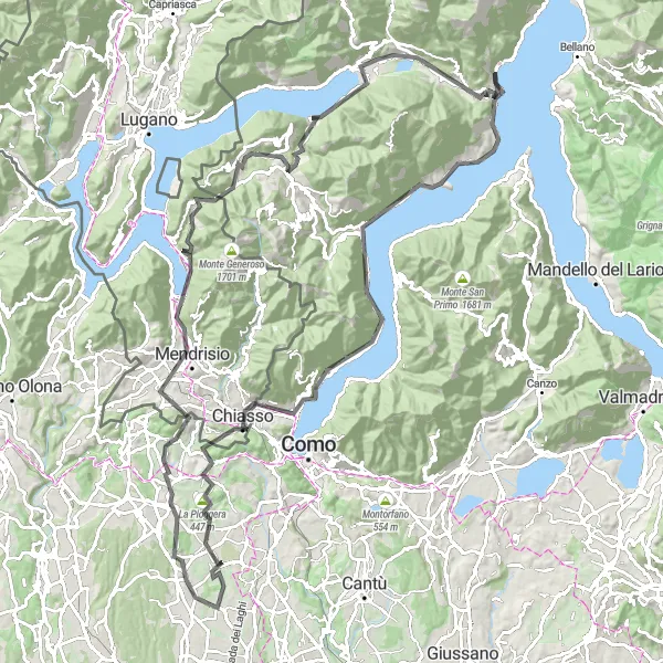 Miniaturní mapa "Panoramatická cesta kolem Menaggia" inspirace pro cyklisty v oblasti Lombardia, Italy. Vytvořeno pomocí plánovače tras Tarmacs.app