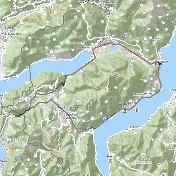 Miniature de la carte de l'inspiration cycliste "Parcours en boucle panoramique de Menaggio" dans la Lombardia, Italy. Générée par le planificateur d'itinéraire cycliste Tarmacs.app