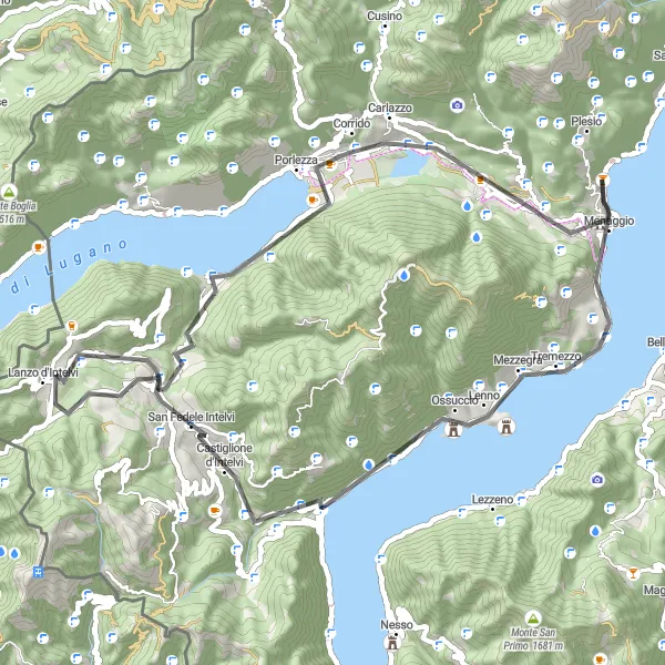Miniatua del mapa de inspiración ciclista "Ruta de ciclismo de carretera alrededor de Menaggio" en Lombardia, Italy. Generado por Tarmacs.app planificador de rutas ciclistas