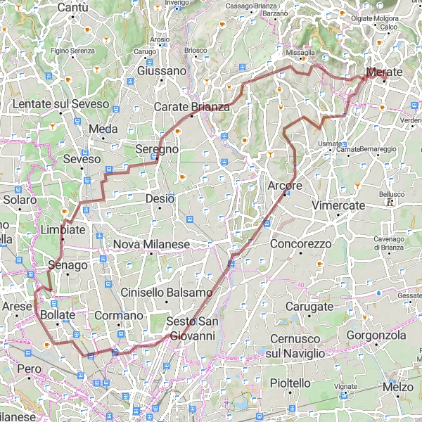 Miniatua del mapa de inspiración ciclista "Ruta de Ciclismo de Grava Montevecchia-Sesto San Giovanni-Cesano Maderno-Besana in Brianza" en Lombardia, Italy. Generado por Tarmacs.app planificador de rutas ciclistas