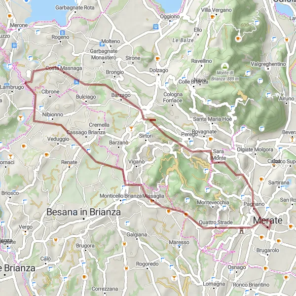 Miniature de la carte de l'inspiration cycliste "Parcours de gravel jusqu'à Barzago depuis Merate" dans la Lombardia, Italy. Générée par le planificateur d'itinéraire cycliste Tarmacs.app