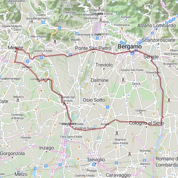 Zemljevid v pomanjšavi "Gorska kolesarska avantura okoli Merate" kolesarske inspiracije v Lombardia, Italy. Generirano z načrtovalcem kolesarskih poti Tarmacs.app