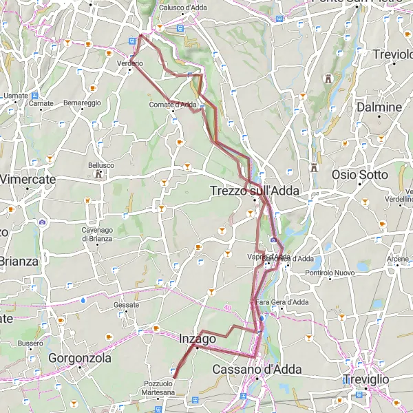 Map miniature of "Countryside and River Gravel Ride" cycling inspiration in Lombardia, Italy. Generated by Tarmacs.app cycling route planner