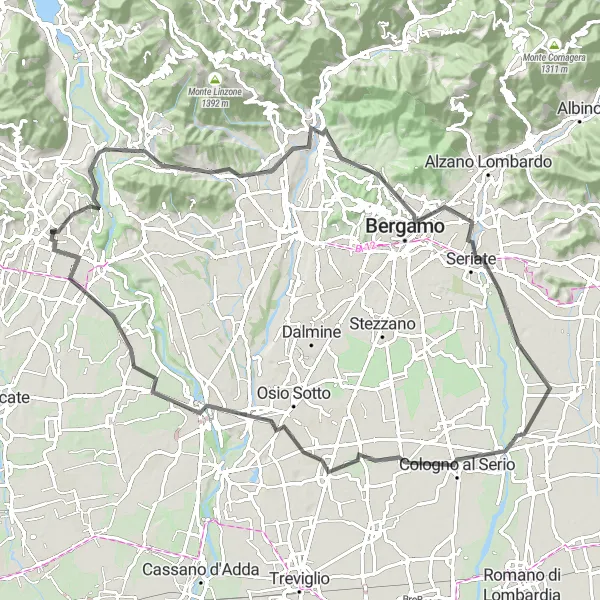 Miniatua del mapa de inspiración ciclista "Ruta de Ciclismo de Carretera Cisano Bergamasco-Cologno al Serio-Brugarolo" en Lombardia, Italy. Generado por Tarmacs.app planificador de rutas ciclistas