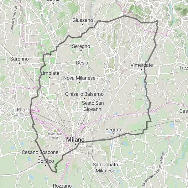 Mapa miniatúra "Okružná cyklistická trasa z Merate" cyklistická inšpirácia v Lombardia, Italy. Vygenerované cyklistickým plánovačom trás Tarmacs.app