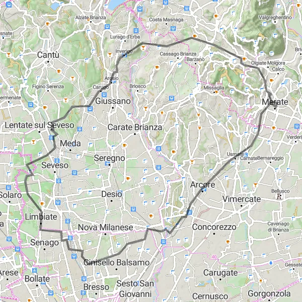 Miniaturní mapa "Okruh kolem Merate po silnici" inspirace pro cyklisty v oblasti Lombardia, Italy. Vytvořeno pomocí plánovače tras Tarmacs.app