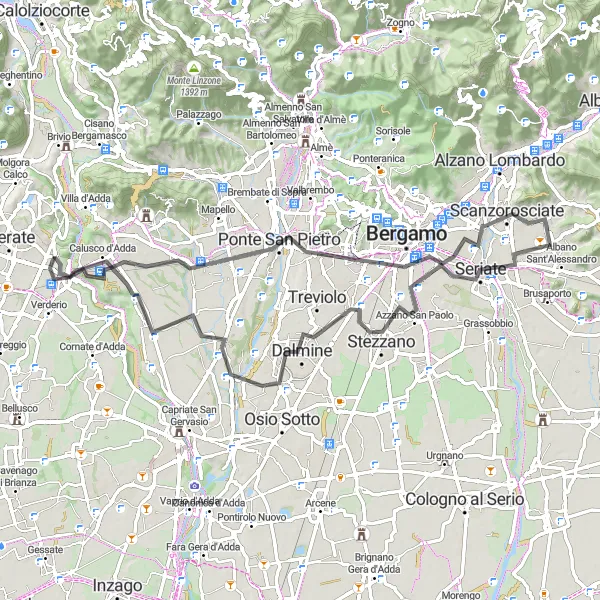 Map miniature of "Robbiate Loop" cycling inspiration in Lombardia, Italy. Generated by Tarmacs.app cycling route planner