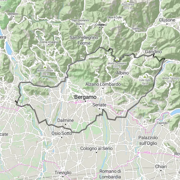 Miniature de la carte de l'inspiration cycliste "Tour de Monte Robbio et Monte Cornagera" dans la Lombardia, Italy. Générée par le planificateur d'itinéraire cycliste Tarmacs.app