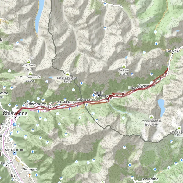 Miniatua del mapa de inspiración ciclista "Ruta de grava a Chiavenna" en Lombardia, Italy. Generado por Tarmacs.app planificador de rutas ciclistas