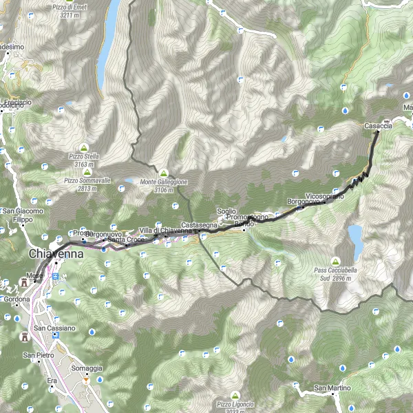 Miniature de la carte de l'inspiration cycliste "Scenic road adventure from Soglio to Chiavenna" dans la Lombardia, Italy. Générée par le planificateur d'itinéraire cycliste Tarmacs.app