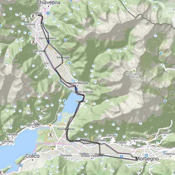 Miniatua del mapa de inspiración ciclista "Ruta desafiante de carretera desde Mese" en Lombardia, Italy. Generado por Tarmacs.app planificador de rutas ciclistas