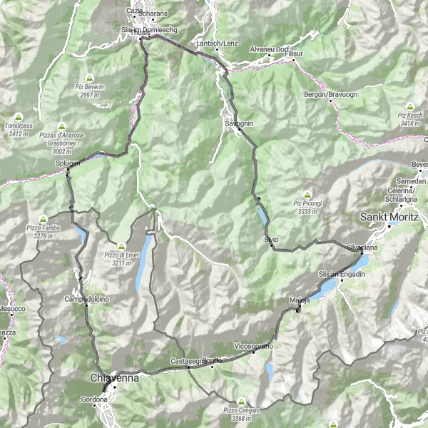 Miniatua del mapa de inspiración ciclista "Épica ruta en carretera hasta Silvaplana" en Lombardia, Italy. Generado por Tarmacs.app planificador de rutas ciclistas