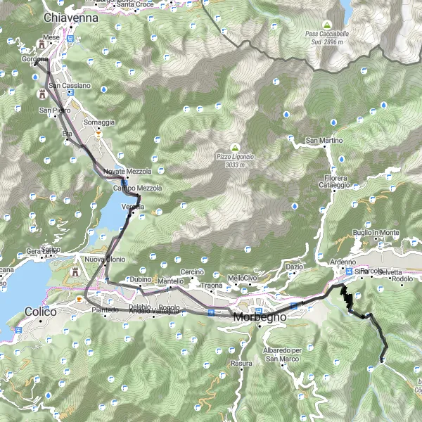 Miniature de la carte de l'inspiration cycliste "Challenging road route to Menarola via Morbegno" dans la Lombardia, Italy. Générée par le planificateur d'itinéraire cycliste Tarmacs.app