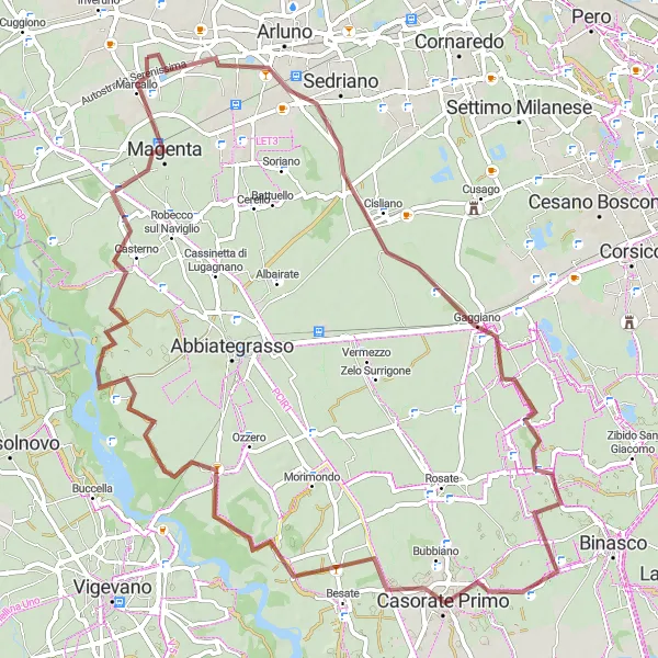 Map miniature of "Gravel Route from Mesero to Vittuone" cycling inspiration in Lombardia, Italy. Generated by Tarmacs.app cycling route planner