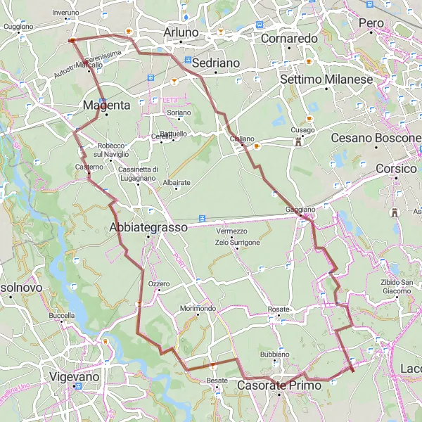 Miniaturní mapa "Gravel Route via Ossona and Gaggiano" inspirace pro cyklisty v oblasti Lombardia, Italy. Vytvořeno pomocí plánovače tras Tarmacs.app