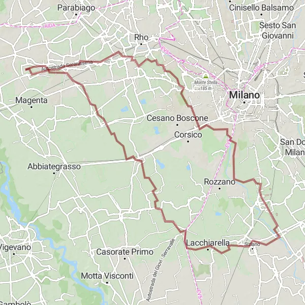 Map miniature of "Scenic Gravel Ride through Vittuone and Cornaredo" cycling inspiration in Lombardia, Italy. Generated by Tarmacs.app cycling route planner
