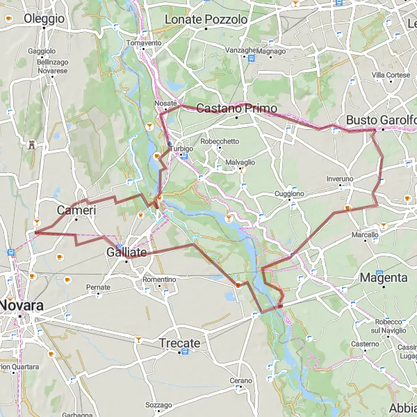 Zemljevid v pomanjšavi "Gravel route through Bernate Ticino and Busto Garolfo" kolesarske inspiracije v Lombardia, Italy. Generirano z načrtovalcem kolesarskih poti Tarmacs.app