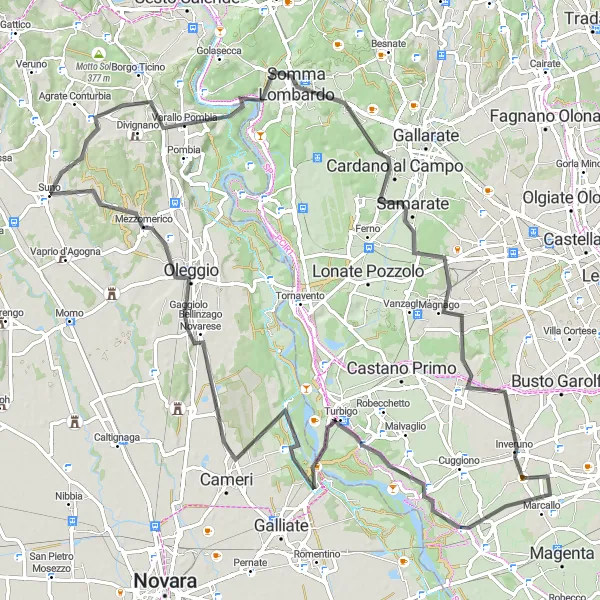 Miniaturní mapa "Výlet na kole kolem Inveruno a Turbigo" inspirace pro cyklisty v oblasti Lombardia, Italy. Vytvořeno pomocí plánovače tras Tarmacs.app