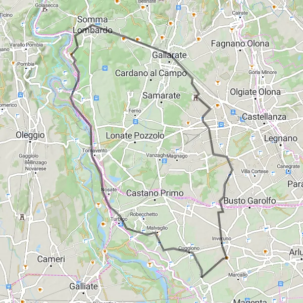 Map miniature of "Road Route from Mesero to Arconate" cycling inspiration in Lombardia, Italy. Generated by Tarmacs.app cycling route planner