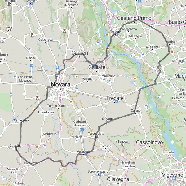 Mapa miniatúra "91 km cesta na ceste okolo Mesero" cyklistická inšpirácia v Lombardia, Italy. Vygenerované cyklistickým plánovačom trás Tarmacs.app
