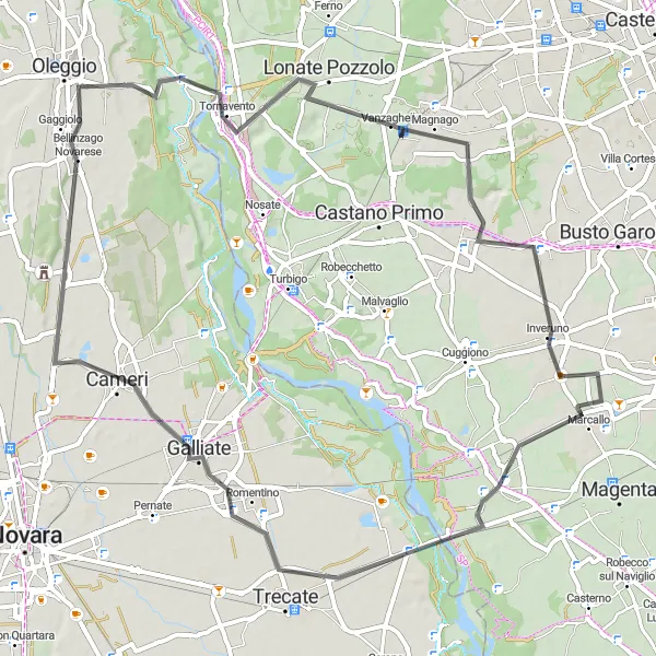 Miniaturní mapa "Road Route via Boffalora sopra Ticino and Oleggio" inspirace pro cyklisty v oblasti Lombardia, Italy. Vytvořeno pomocí plánovače tras Tarmacs.app