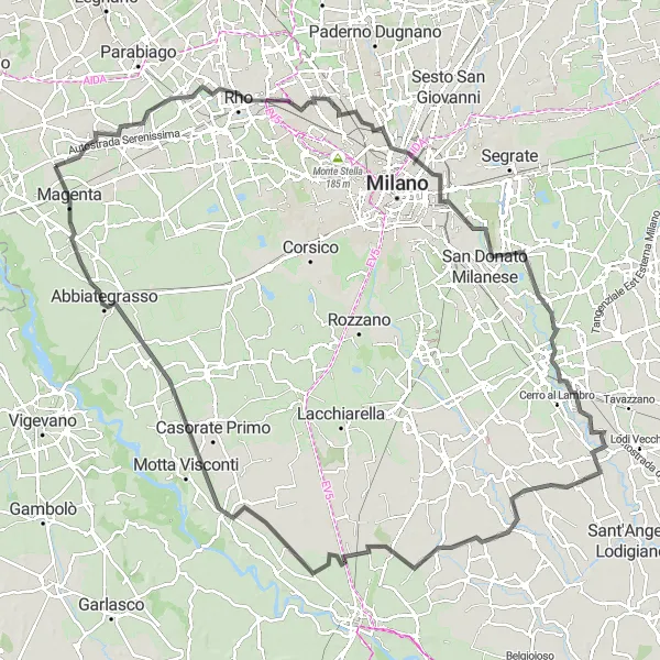 Miniaturní mapa "Road Cycling Adventure near Mesero" inspirace pro cyklisty v oblasti Lombardia, Italy. Vytvořeno pomocí plánovače tras Tarmacs.app