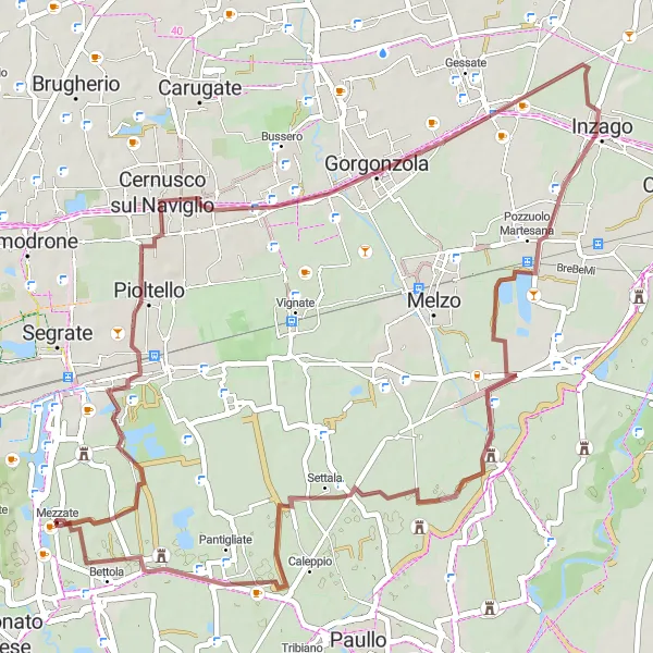 Kartminiatyr av "Utforsk Mezzate til Gorgonzola sykkelruten" sykkelinspirasjon i Lombardia, Italy. Generert av Tarmacs.app sykkelrutoplanlegger