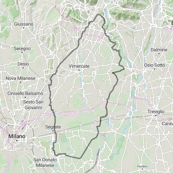 Map miniature of "Mezzate-Cernusco Lombardone-Mezzate Loop" cycling inspiration in Lombardia, Italy. Generated by Tarmacs.app cycling route planner