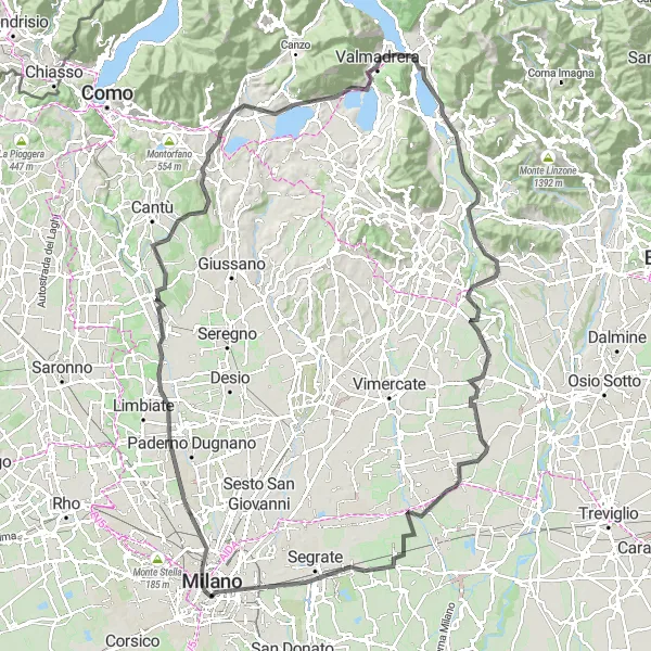 Zemljevid v pomanjšavi "Kolesarska pot okoli Milana in Lecca" kolesarske inspiracije v Lombardia, Italy. Generirano z načrtovalcem kolesarskih poti Tarmacs.app