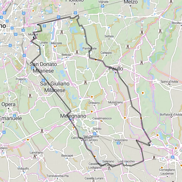 Miniatuurkaart van de fietsinspiratie "Cerro al Lambro and San Donato Milanese Road Cycling Route" in Lombardia, Italy. Gemaakt door de Tarmacs.app fietsrouteplanner