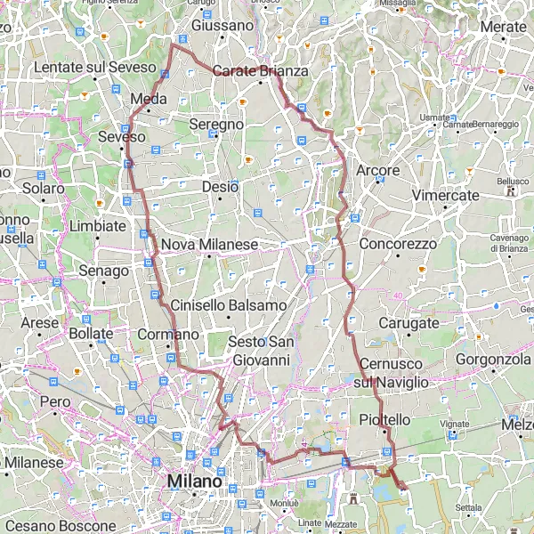 Kartminiatyr av "Lang grusvei sykkeltur ved Millepini" sykkelinspirasjon i Lombardia, Italy. Generert av Tarmacs.app sykkelrutoplanlegger