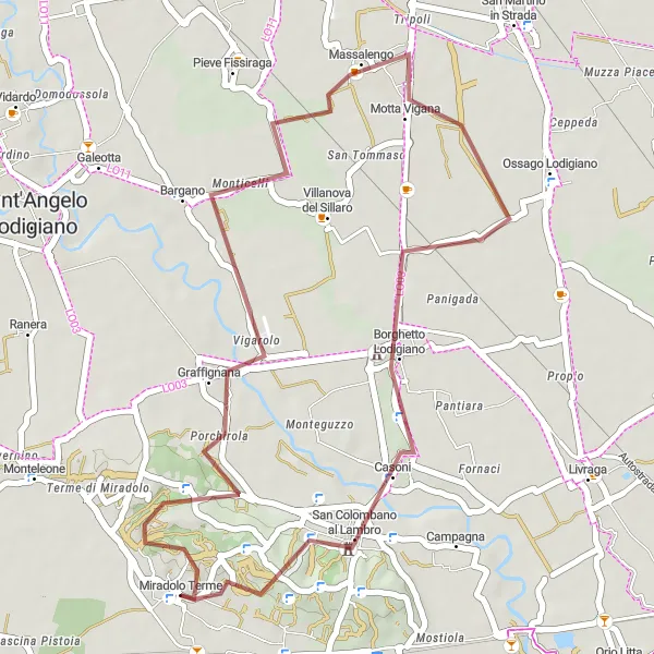 Miniatua del mapa de inspiración ciclista "Recorrido de ciclismo en grava por Graffignana y sus alrededores" en Lombardia, Italy. Generado por Tarmacs.app planificador de rutas ciclistas